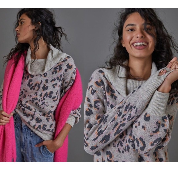 Anthropologie Sweaters - Anthropologie Emmy Leopard Cowl Neck Tunic Sweater Size XS
